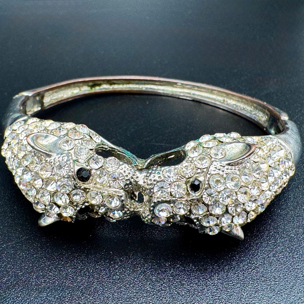 Double Leopard Head Rhinestone Statement Bracelet 7 Figural Hinged Clamper 41g‎